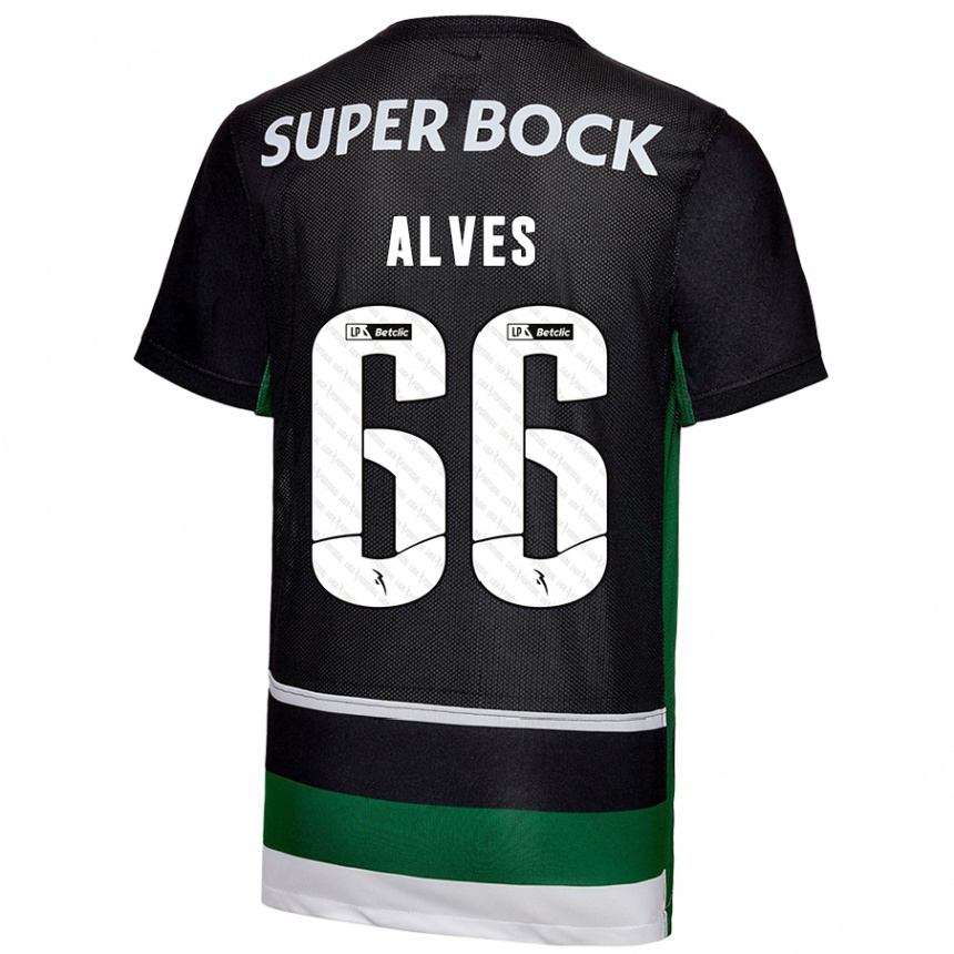 Niño Fútbol Camiseta Miguel Alves #66 Negro Blanco Verde 1ª Equipación 2024/25 Perú