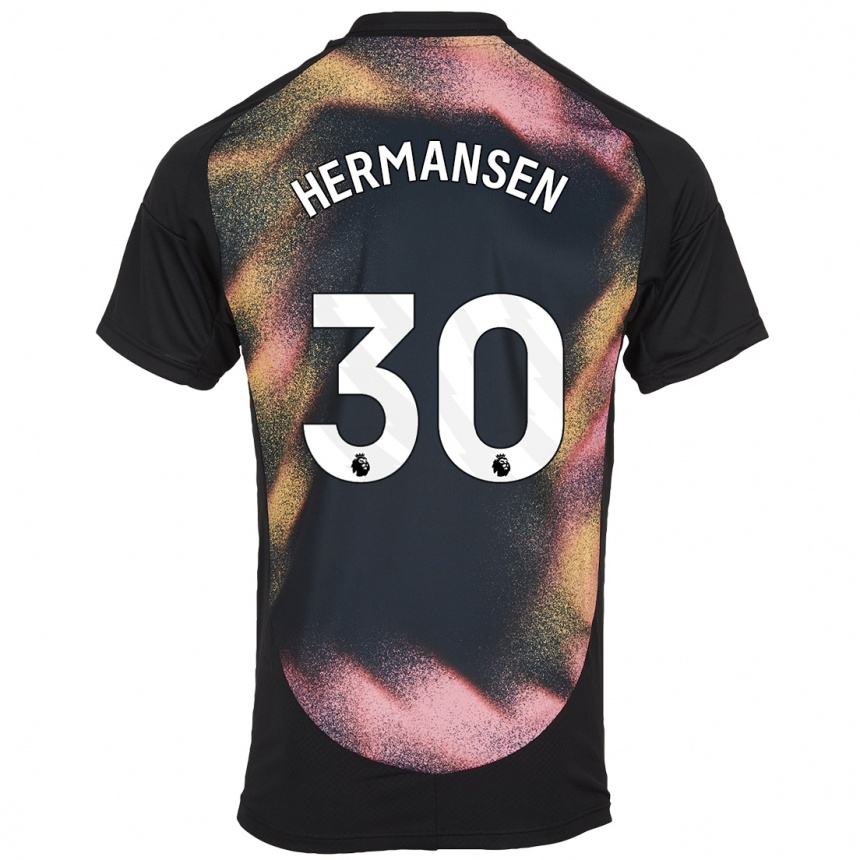 Niño Fútbol Camiseta Mads Hermansen #30 Negro Blanco 2ª Equipación 2024/25 Perú