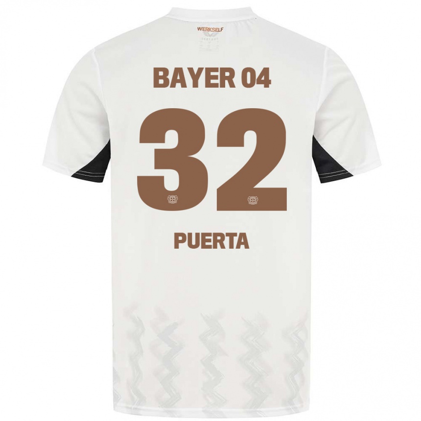 Niño Fútbol Camiseta Gustavo Puerta #32 Blanco Negro 2ª Equipación 2024/25 Perú