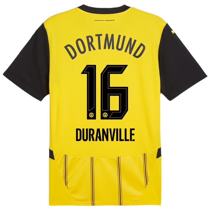 Hombre Fútbol Camiseta Julien Duranville #16 Amarillo Negro 1ª Equipación 2024/25 Perú