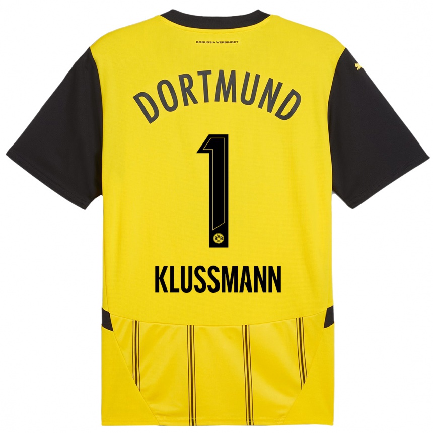 Hombre Fútbol Camiseta Leon Klußmann #1 Amarillo Negro 1ª Equipación 2024/25 Perú