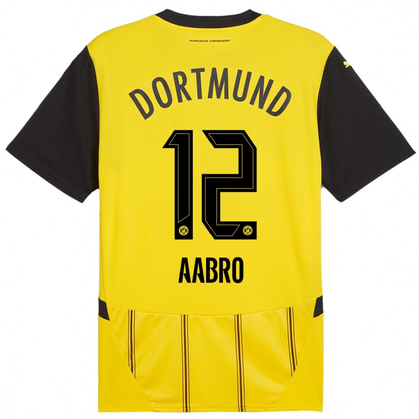 Hombre Fútbol Camiseta Gustav Aabro #12 Amarillo Negro 1ª Equipación 2024/25 Perú