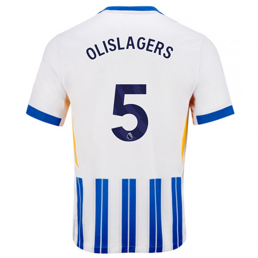 Hombre Fútbol Camiseta Marisa Olislagers #5 Blanco Azul Rayas 1ª Equipación 2024/25 Perú