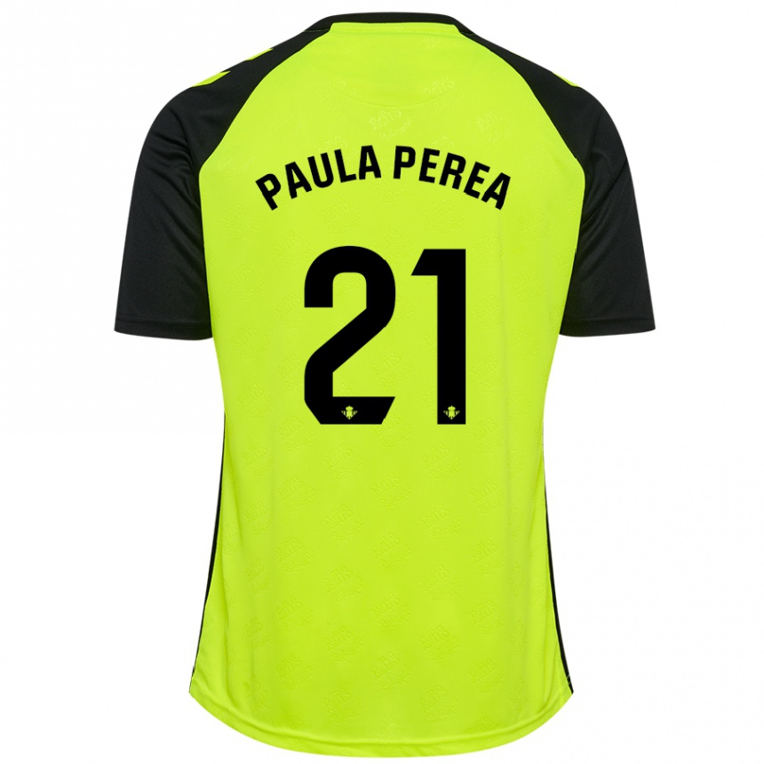 Hombre Fútbol Camiseta Paula Perea Ramírez #21 Amarillo Fluorescente Negro 2ª Equipación 2024/25 Perú