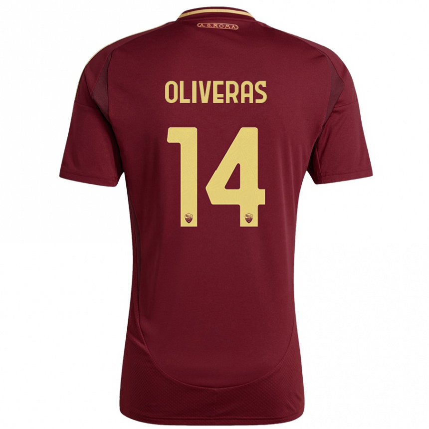 Niño Fútbol Camiseta Jan Oliveras #14 Rojo Marrón Dorado 1ª Equipación 2024/25 Perú