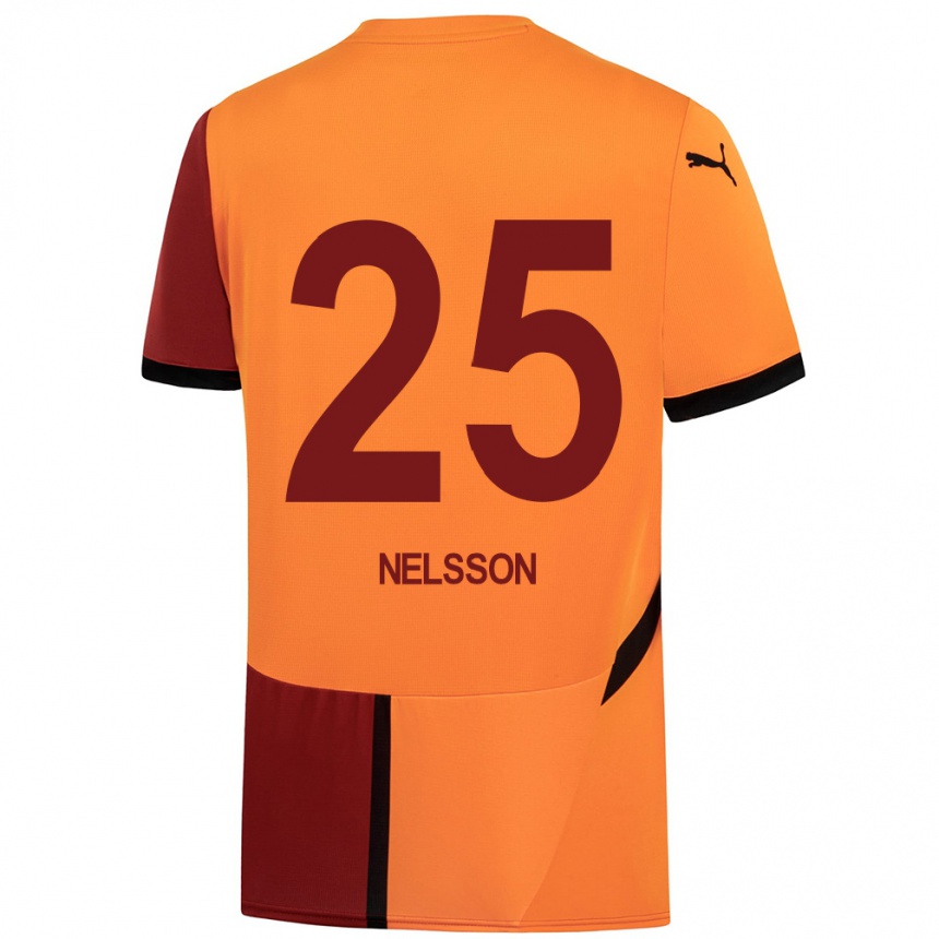 Niño Fútbol Camiseta Victor Nelsson #25 Amarillo Rojo 1ª Equipación 2024/25 Perú