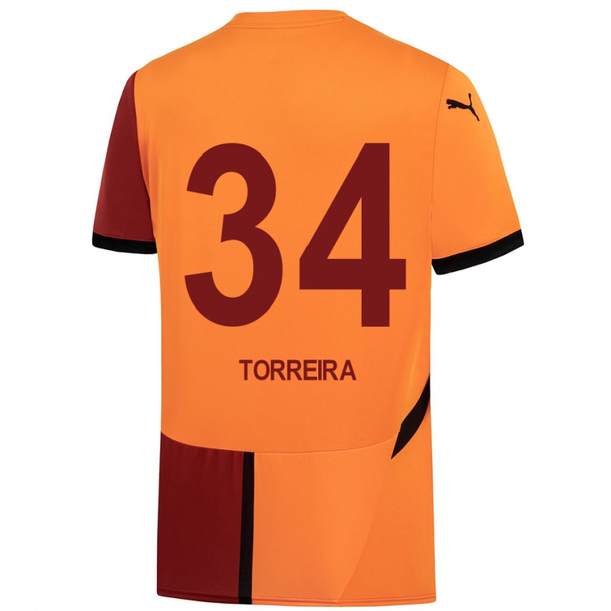 Niño Fútbol Camiseta Lucas Torreira #34 Amarillo Rojo 1ª Equipación 2024/25 Perú