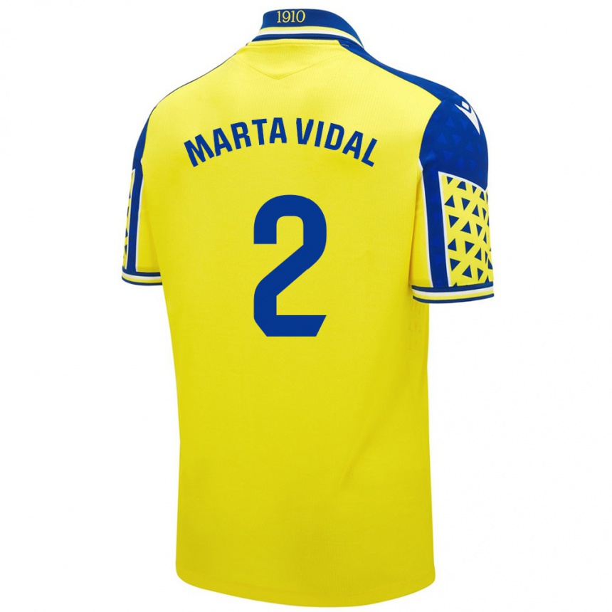 Niño Fútbol Camiseta Marta Vidal Vela #2 Amarillo Azul 1ª Equipación 2024/25 Perú