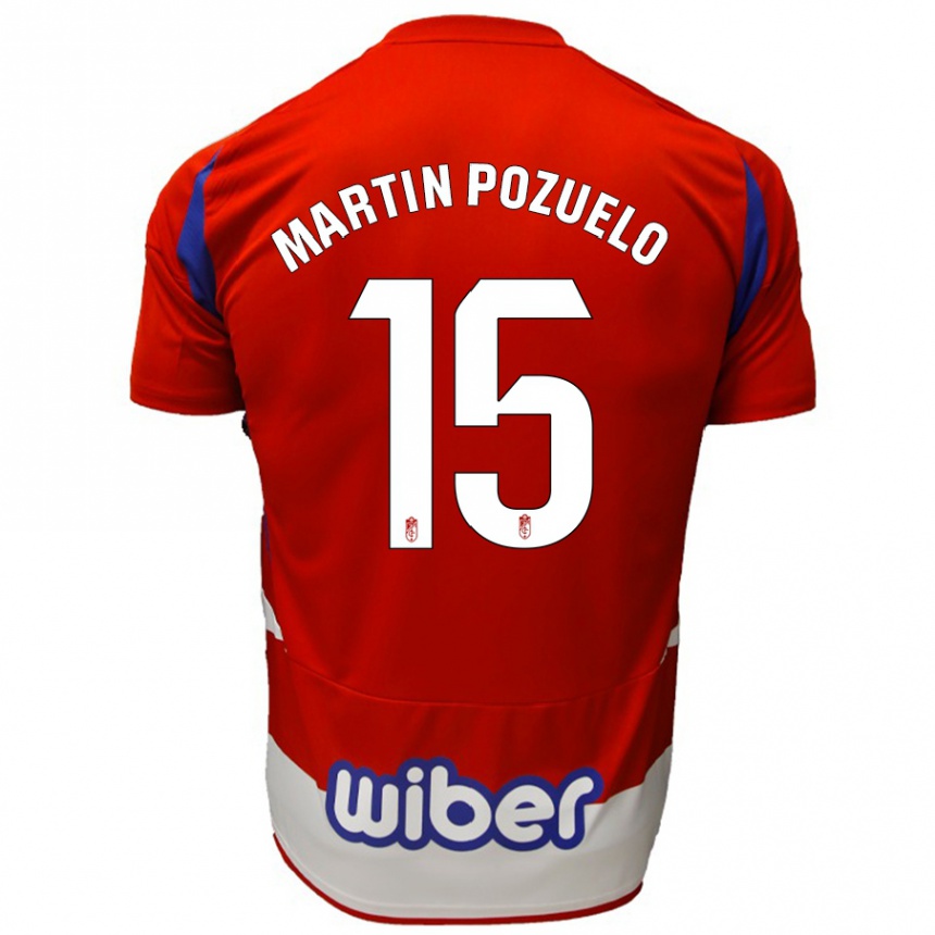 Niño Fútbol Camiseta Esther Martín-Pozuelo #15 Rojo Blanco Azul 1ª Equipación 2024/25 Perú