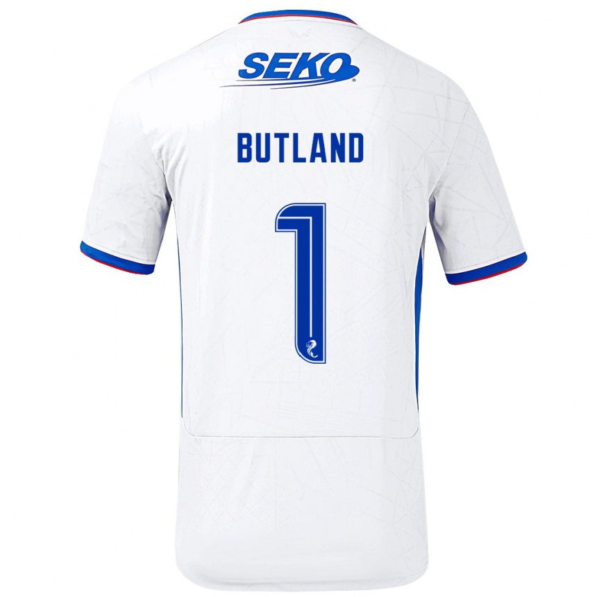 Niño Fútbol Camiseta Jack Butland #1 Blanco Azul 2ª Equipación 2024/25 Perú