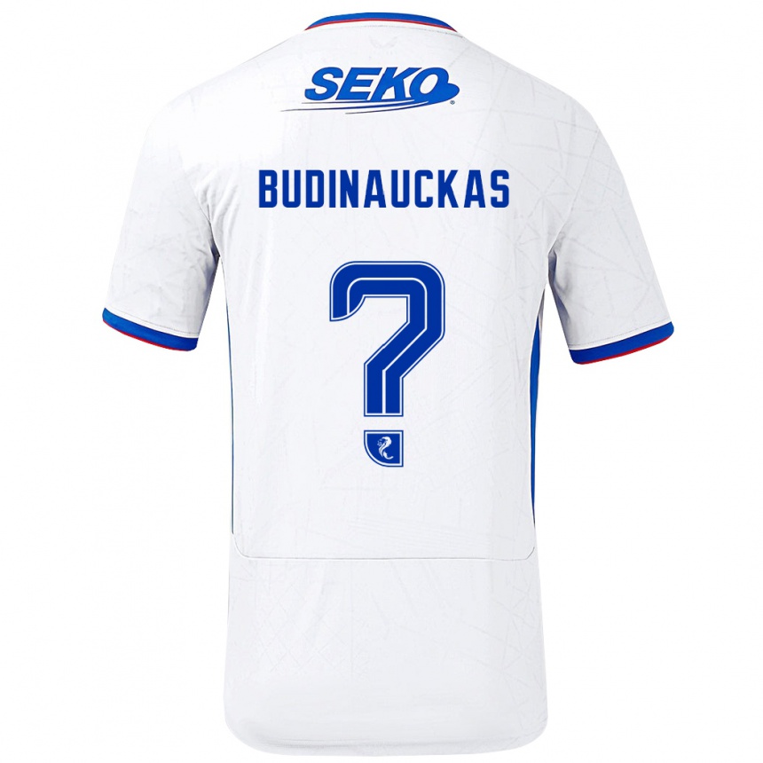 Niño Fútbol Camiseta Lewis Budinauckas #0 Blanco Azul 2ª Equipación 2024/25 Perú