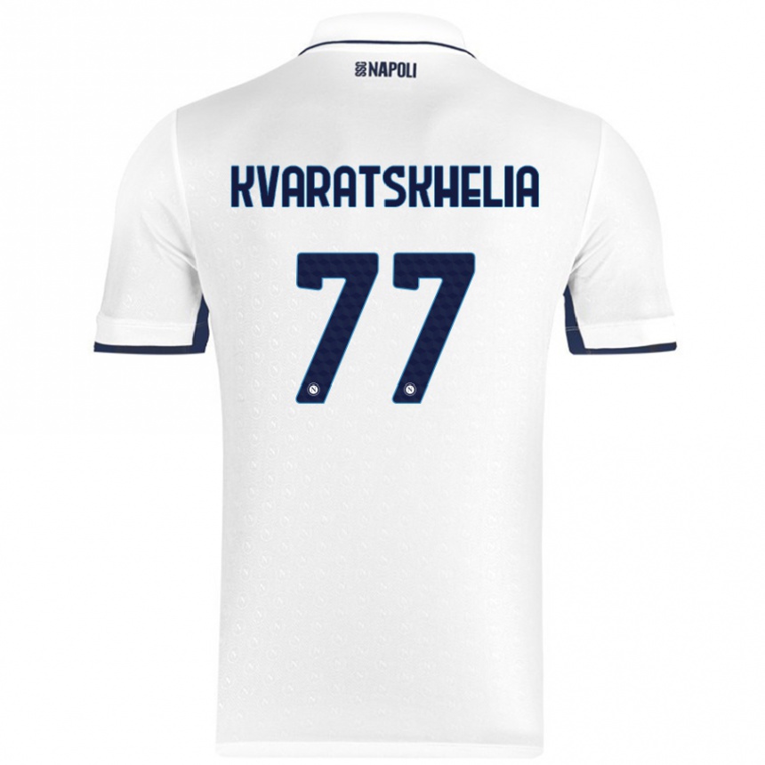 Niño Fútbol Camiseta Khvicha Kvaratskhelia #77 Blanco Azul Real 2ª Equipación 2024/25 Perú