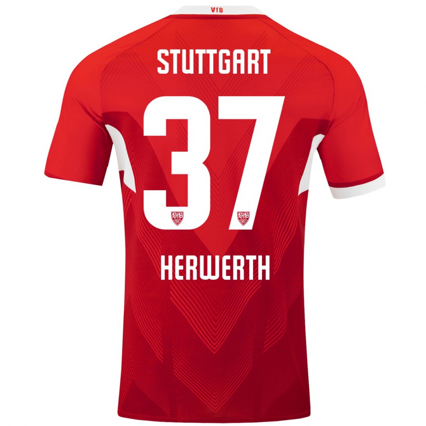 Niño Fútbol Camiseta Maximilian Herwerth #37 Rojo Blanco 2ª Equipación 2024/25 Perú