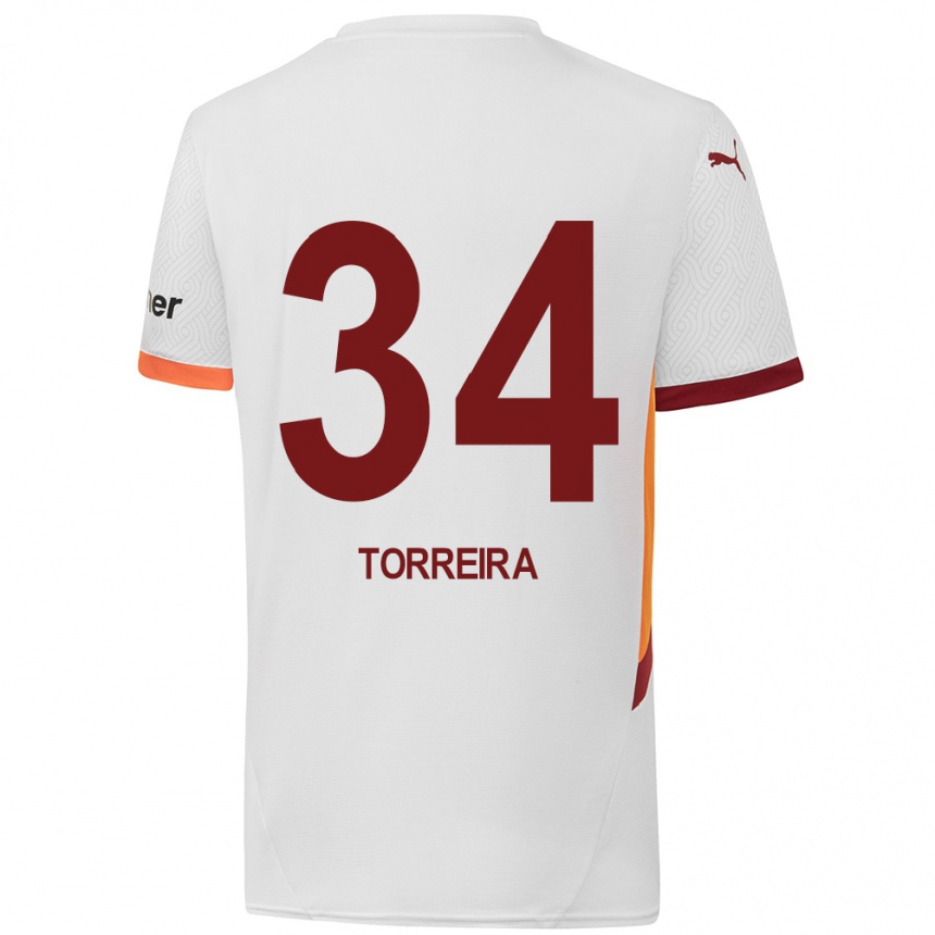 Niño Fútbol Camiseta Lucas Torreira #34 Blanco Amarillo Rojo 2ª Equipación 2024/25 Perú