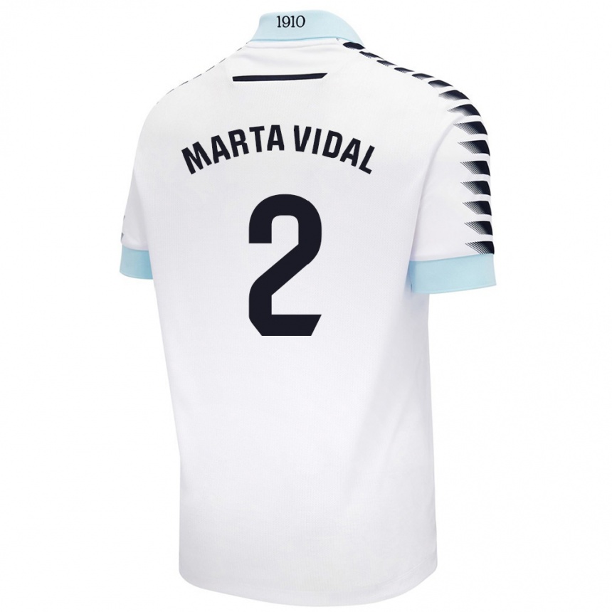 Niño Fútbol Camiseta Marta Vidal Vela #2 Blanco Azul 2ª Equipación 2024/25 Perú