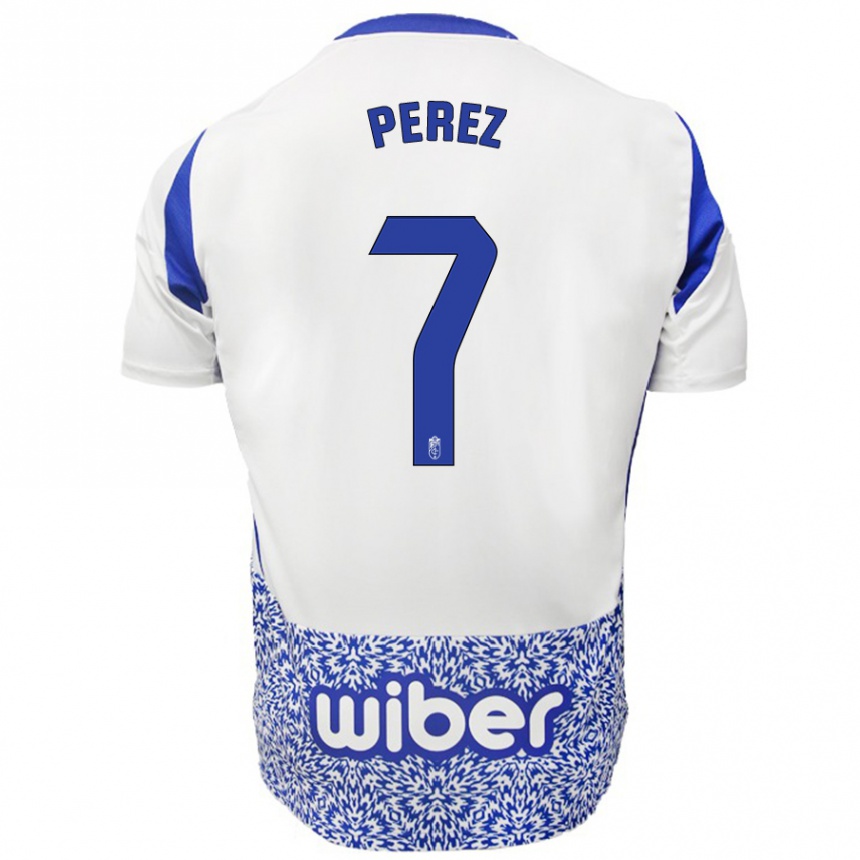 Niño Fútbol Camiseta Laura Pérez #7 Blanco Azul 2ª Equipación 2024/25 Perú