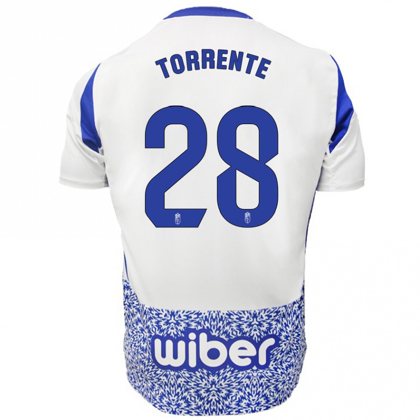 Niño Fútbol Camiseta Raúl Torrente #28 Blanco Azul 2ª Equipación 2024/25 Perú