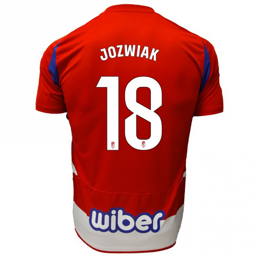 Hombre Fútbol Camiseta Kamil Józwiak #18 Rojo Blanco Azul 1ª Equipación 2024/25 Perú