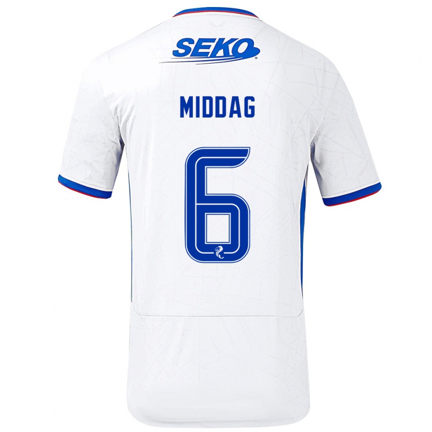 Hombre Fútbol Camiseta Tessel Middag #6 Blanco Azul 2ª Equipación 2024/25 Perú