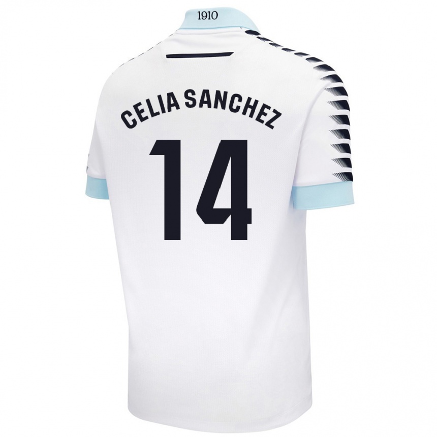 Hombre Fútbol Camiseta Celia Sánchez García #14 Blanco Azul 2ª Equipación 2024/25 Perú