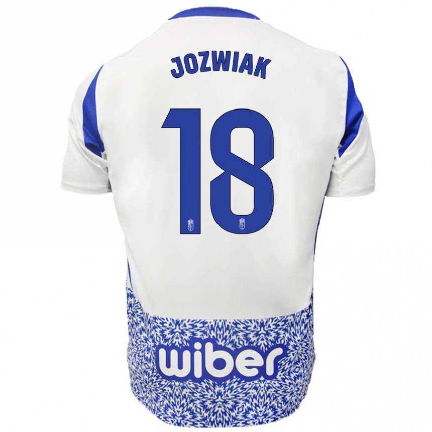 Hombre Fútbol Camiseta Kamil Józwiak #18 Blanco Azul 2ª Equipación 2024/25 Perú