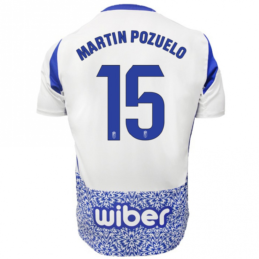 Hombre Fútbol Camiseta Esther Martín-Pozuelo #15 Blanco Azul 2ª Equipación 2024/25 Perú