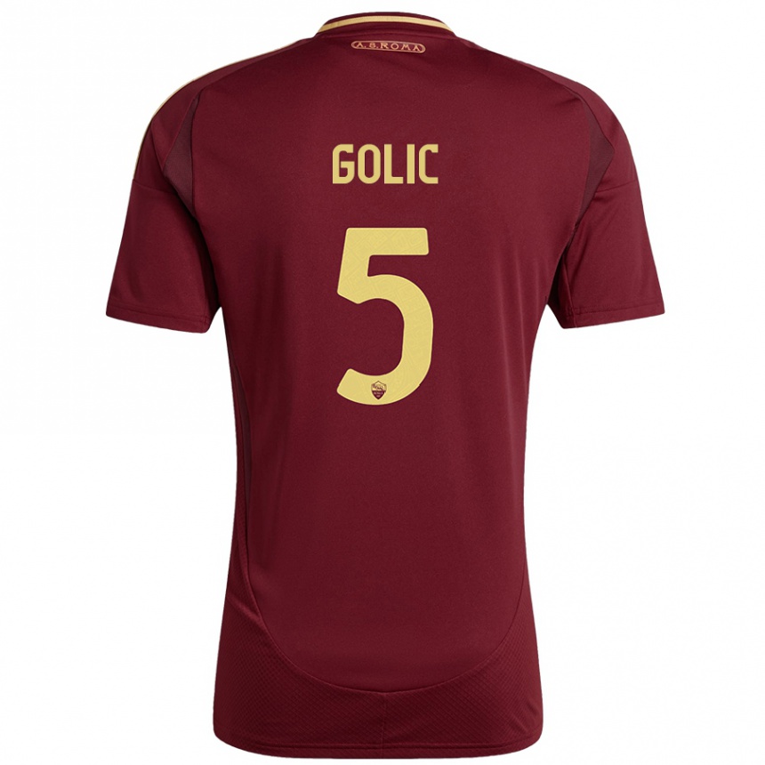 Mujer Fútbol Camiseta Lovro Golic #5 Rojo Marrón Dorado 1ª Equipación 2024/25 Perú