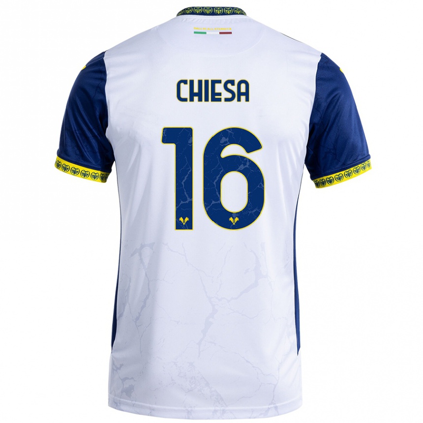 Mujer Fútbol Camiseta Mattia Chiesa #16 Blanco Azul 2ª Equipación 2024/25 Perú