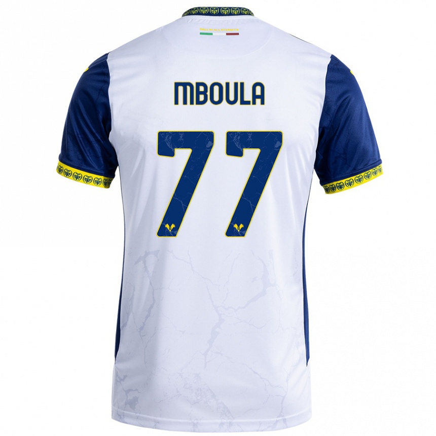 Mujer Fútbol Camiseta Jordi Mboula #77 Blanco Azul 2ª Equipación 2024/25 Perú