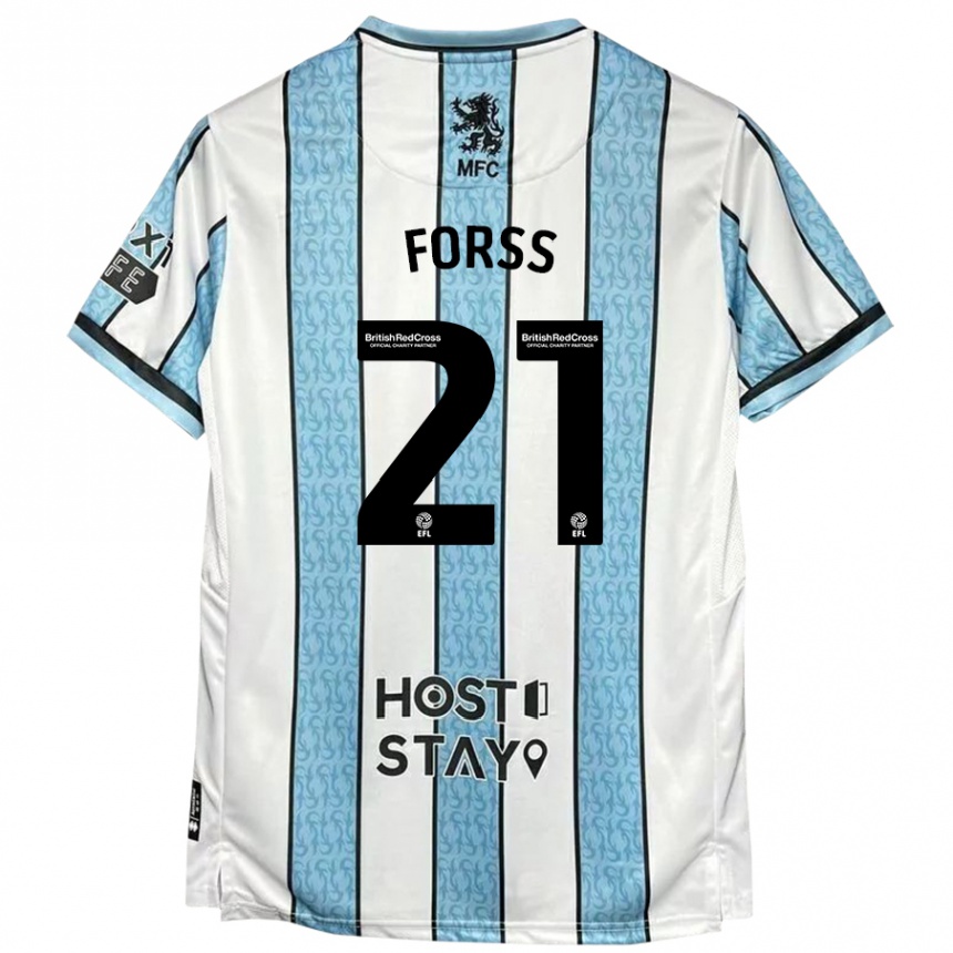 Niño Fútbol Camiseta Marcus Forss #21 Blanco Azul 2ª Equipación 2024/25 Perú