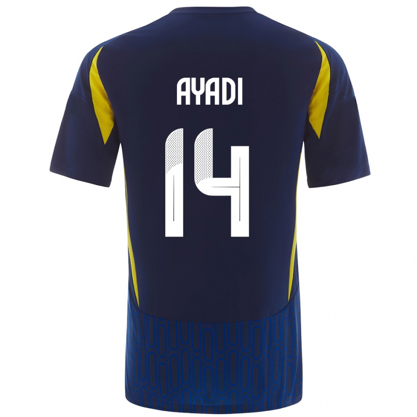 Niño Fútbol Camiseta Ghada Ayadi #14 Azul Amarillo 2ª Equipación 2024/25 Perú