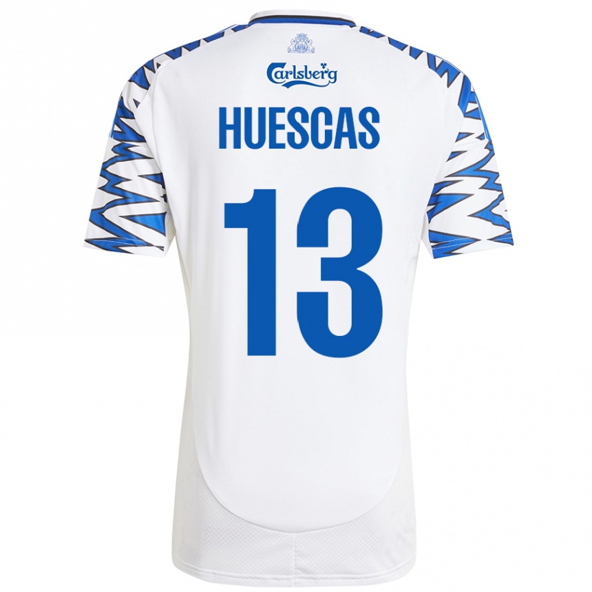 Niño Fútbol Camiseta Rodrigo Huescas #13 Blanco Azul Cielo 1ª Equipación 2024/25 Perú