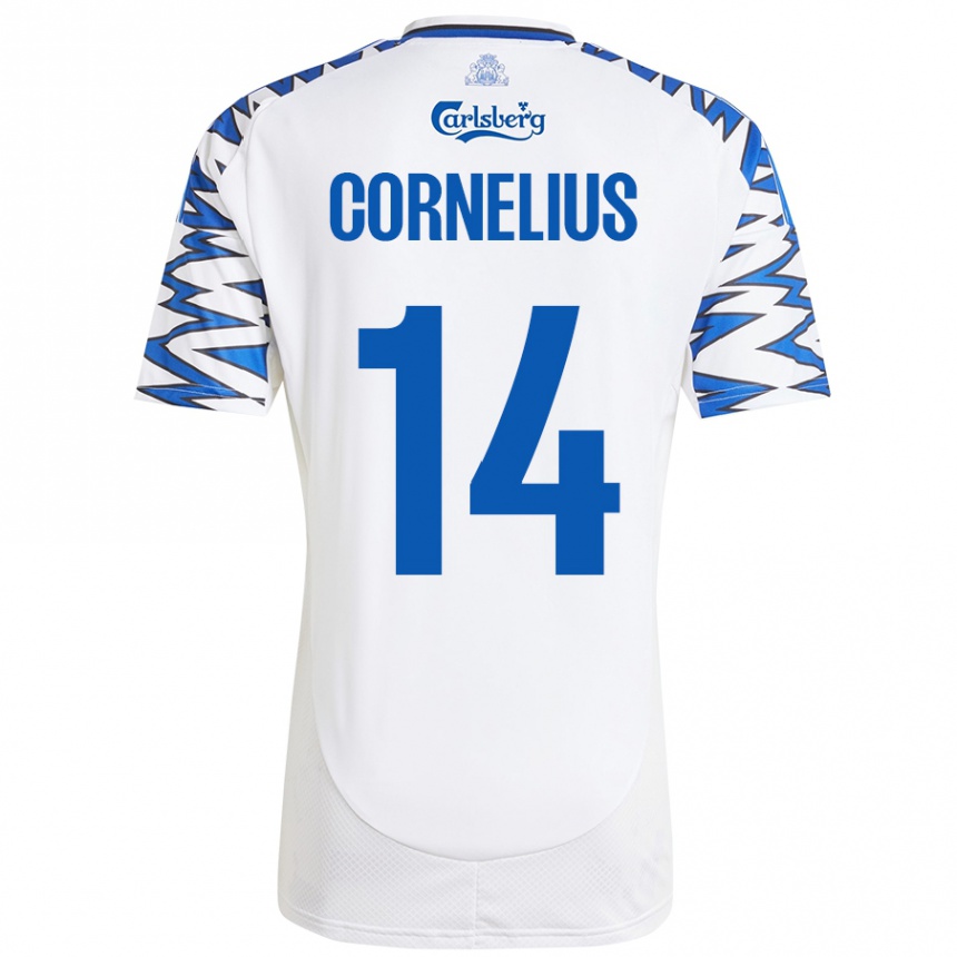 Niño Fútbol Camiseta Andreas Cornelius #14 Blanco Azul Cielo 1ª Equipación 2024/25 Perú