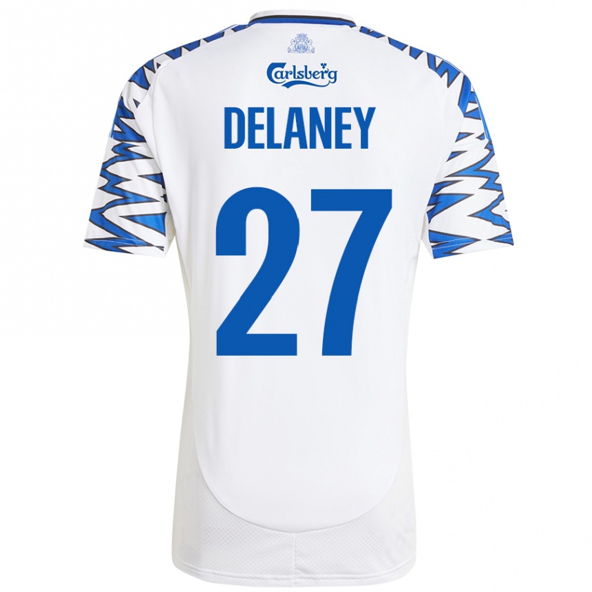 Niño Fútbol Camiseta Thomas Delaney #27 Blanco Azul Cielo 1ª Equipación 2024/25 Perú