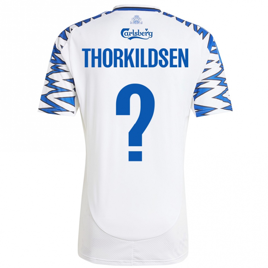 Niño Fútbol Camiseta Elias Thorkildsen #0 Blanco Azul Cielo 1ª Equipación 2024/25 Perú