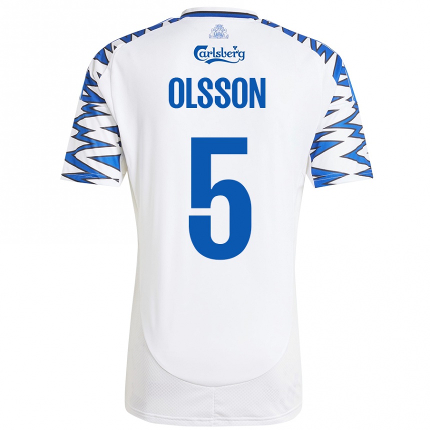 Niño Fútbol Camiseta Cornelius Olsson #5 Blanco Azul Cielo 1ª Equipación 2024/25 Perú