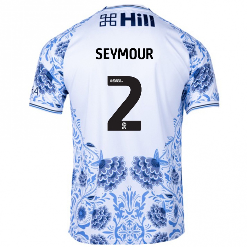 Hombre Fútbol Camiseta Mayzee Seymour #2 Blanco Azul 2ª Equipación 2024/25 Perú